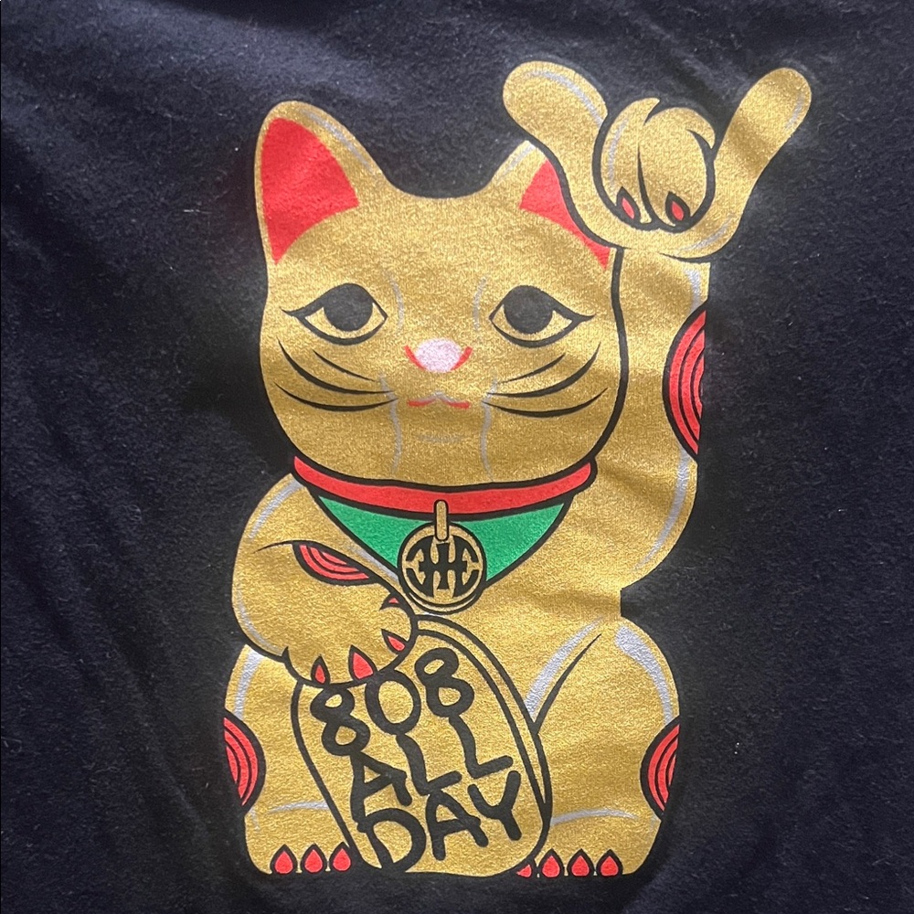 808 ALL DAY Lucky Cat Black T-Shirt with Gold and Red Accents